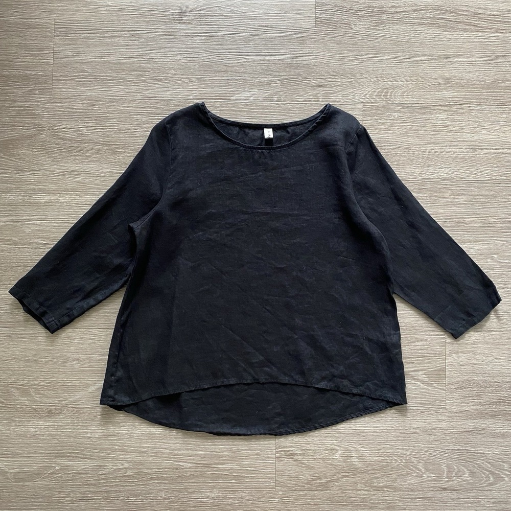 Amazhiyu 100% Linen Blouse Womens M Black 3/4 Sleeve Tunic Top Lagenlook Coastal